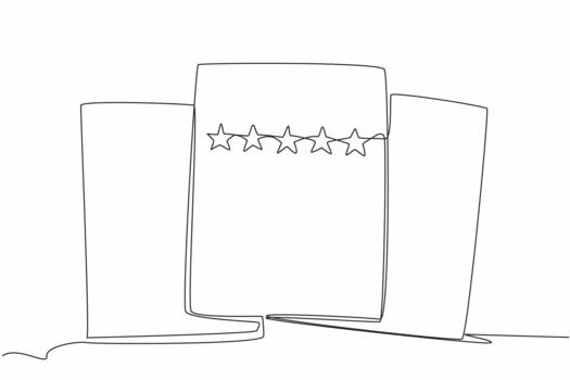 Single continuous line drawing 3 sheets of paper with the front sheet containing 5 stars. Evaluation review sheet. Better improvement. Feedback. Write a Review Day. One line design illustration vector