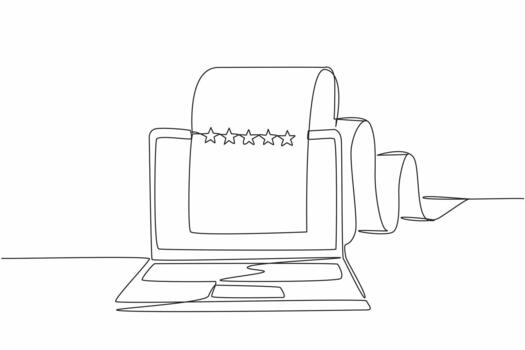 Single continuous line drawing laptop with paper rolling out of the screen to the back. Review page. Providing feedback for quality improvement. Write a Review Day. One line design illustration vector