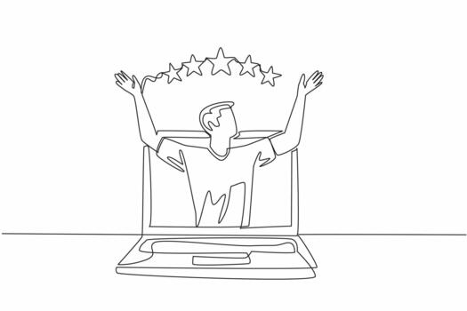 soltero continuo línea dibujo hombre elevado manos y encima ellos fueron 5 5 estrellas. incrementar credibilidad. muy satisfactorio. cautivador actuación. escribir un revisión día. uno línea diseño ilustración vector