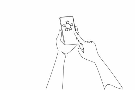continuo uno línea dibujo mano sostener teléfono inteligente y puntos a teléfono inteligente pantalla cuales tiene 5 5 estrellas. siempre dar 5 5 estrellas. mejor calidad. escribir un revisión día. soltero línea dibujar diseño ilustración vector