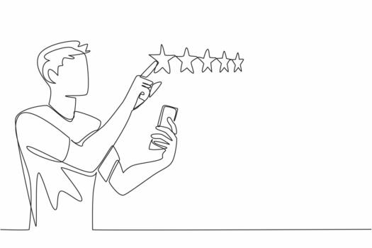 continuo uno línea dibujo hombre sostiene teléfono inteligente y otro mano puntos a 1 estrella fuera de 5 5 estrellas. honesto evaluación establecido en experiencia. escribir un revisión día. soltero línea dibujar diseño ilustración vector