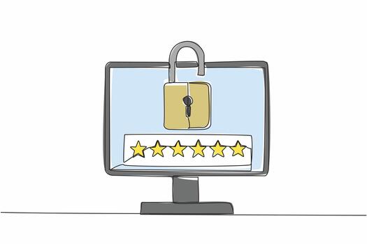 Single continuous line drawing monitor with open padlock on screen. A unique combination of 6 characters to unlock. Strong protection. Code. World Password Day. One line design illustration vector