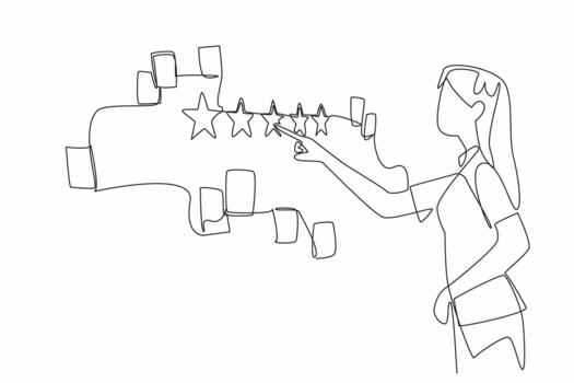 soltero continuo línea dibujo mujer puntos a un pared con un montón de papel notas dispersado alrededor él. un simbolismo da un bueno revisar. excelente. escribir un revisión día. uno línea diseño ilustración vector