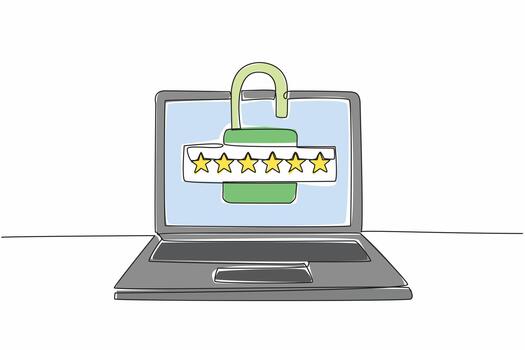 Continuous one line drawing laptop with open padlock logo in the middle of screen. Good information security management. Need password. World Password Day. Single line draw design illustration vector