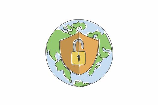 Single continuous line drawing globe with shield and open padlock in middle. Two safe stages to explore in cyberspace. Dual layer protection. World Password Day. One line design illustration vector