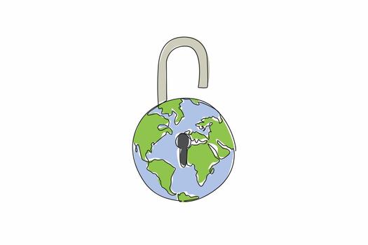 Continuous one line drawing globe made into an open padlock with a keyhole in the middle. Added passkey for easy login. Biometric. World Password Day. Single line draw design illustration vector