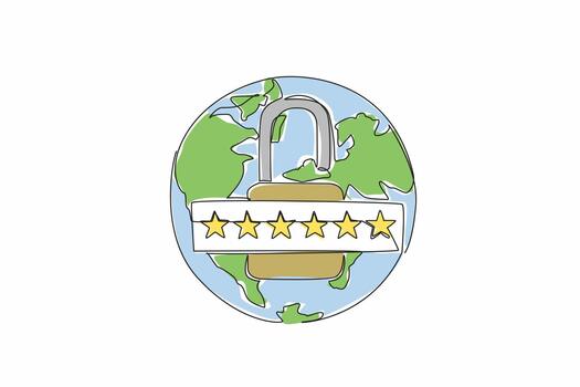 Single one line drawing globe with an open padlock in the middle. Use a unique combination of letters and numbers for the password. World Password Day. Continuous line design illustration vector