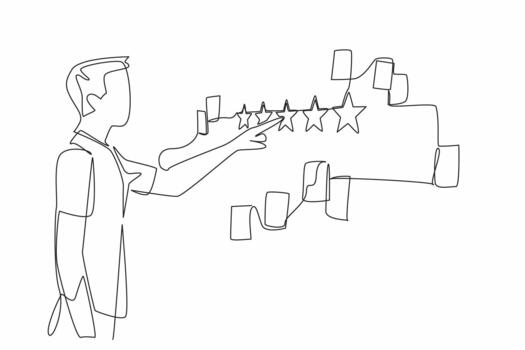 soltero uno línea dibujo hombre puntos a un pared con un montón de papel notas dispersado alrededor él. bueno revisar. aumento el perfil. comentario. escribir un revisión día. continuo línea diseño ilustración vector