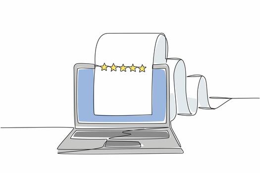 Single continuous line drawing laptop with paper rolling out of the screen to the back. Review page. Providing feedback for quality improvement. Write a Review Day. One line illustration vector