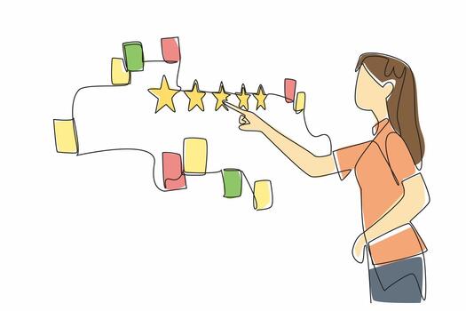 soltero continuo línea dibujo mujer puntos a un pared con un montón de papel notas dispersado alrededor él. un simbolismo da un bueno revisar. excelente. escribir un revisión día. uno línea ilustración vector