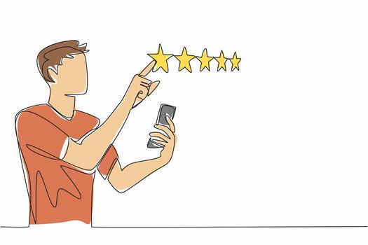 continuo uno línea dibujo hombre sostiene teléfono inteligente y otro mano puntos a 1 estrella fuera de 5 5 estrellas. honesto evaluación establecido en experiencia. escribir un revisión día. soltero línea dibujar ilustración vector