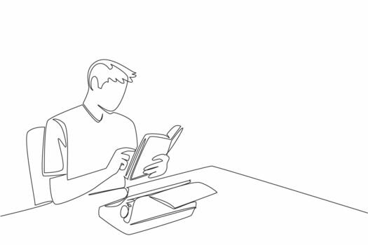 Single one line drawing man sitting holding a book and there is a typewriter with paper on it. Binding knowledge by taking notes. Writer. Wordsmith Day. Continuous line design illustration vector