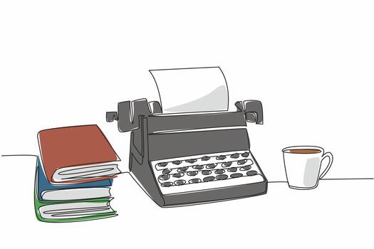 Single continuous line drawing a typewriter with paper and a mug and a pile of books. Books as good inspiration for useful writing. Expert writer. Wordsmith Day. One line design illustration vector