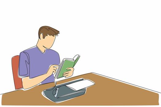 Single one line drawing man sitting holding a book and there is a typewriter with paper on it. Binding knowledge by taking notes. Writer. Wordsmith Day. Continuous line design graphic illustration vector