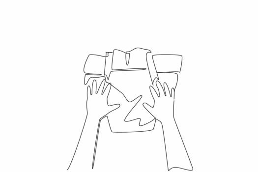 Single one line drawing hands of baby holding the diaper with both hands. Diaper pants. Easier to remove and put on. Hygiene. Kids In Need Of Diapers Day. Continuous line design illustration vector