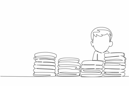 Continuous one line drawing head of baby boy emerges from pile of diapers at different heights. Choosing which diaper to take. Kids In Need Of Diapers Day. Single line draw illustration vector