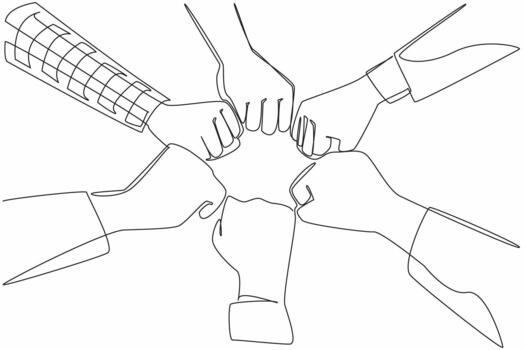 Single one line drawing 6 hands with different sleeve styles, clenching their fists together. Reaching consensus. Uniting spirit. Teamwork. Join Hands Day. Continuous line design illustration vector