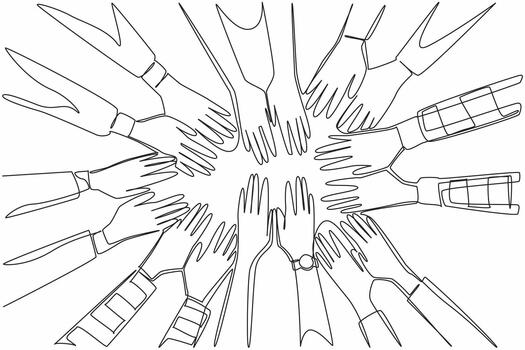Single continuous line drawing 8 pairs of hands with various sleeve models stacked on top of each other. Team agreement. Encouragement. Work group. Join Hands Day. One line draw illustration vector