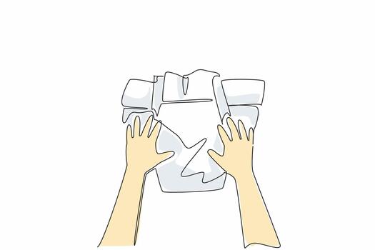 Single one line drawing hands of baby holding the diaper with both hands. Diaper pants. Easier to remove and put on. Hygiene. Kids In Need Of Diapers Day. Continuous line design graphic illustration vector