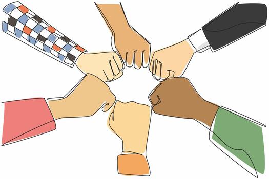 Single one line drawing 6 hands with different sleeve styles, clenching their fists together. Reaching consensus. Uniting spirit. Teamwork. Join Hands Day. Continuous line illustration vector