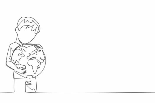 Single continuous line drawing the boy hugging globe. A symbol of keeping tightly. Not making air pollution. Protecting the earth from damage. Care. World Give Day. One line design illustration vector