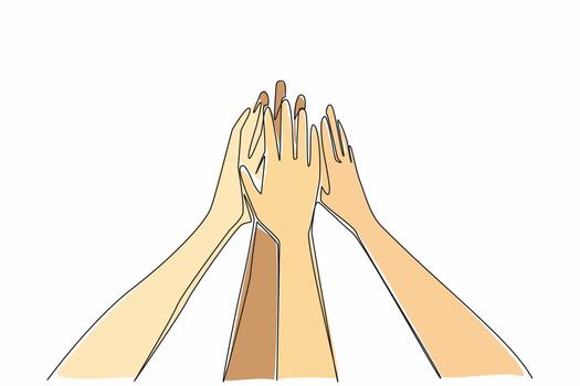 Single one line drawing 6 hands with open palms, raised and tossed together. Setting a common mission. Achieving success together. Trusty. Join Hands Day. Continuous line design graphic illustration vector
