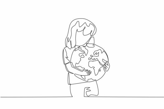 Continuous one line drawing girl hugging globe. A symbol of great affection. Take part in protecting the environment. Do not litter. Care. World Give Day. Single line draw illustration vector