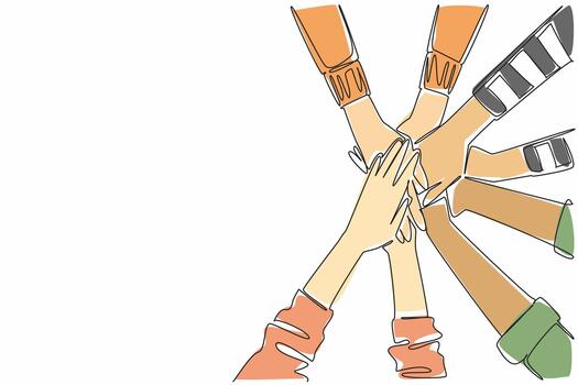 continuo uno línea dibujo 4 4 pares con varios manga modelos apilado en parte superior de cada otro. lograr resultados juntos. genial trabajo en equipo. unirse manos día. soltero línea dibujar vector