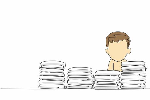 Continuous one line drawing head of baby boy emerges from pile of diapers at different heights. Choosing which diaper to take. Kids In Need Of Diapers Day. Single line draw design illustration vector