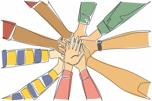 Single continuous line drawing 5 pairs of hands with various sleeve models stacked on top of each other. Collaboration between divisions. Colleague. Join Hands Day. One line design illustration vector