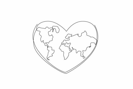 Single one line drawing heart in the middle there is a world map. Earth in the frame of love. Full of love and friendship. No conflict. World Give Day. Continuous line design illustration vector