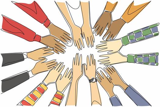 Single continuous line drawing 8 pairs of hands with various sleeve models stacked on top of each other. Team agreement. Encouragement. Work group. Join Hands Day. One line illustration vector