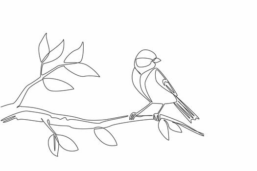 Single continuous line drawing great tit bird perched on a tree branch with leaves. The lively and colorful chirper. The songbird. International Dawn Chorus Day. One line design vector