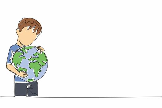 Single continuous line drawing the boy hugging globe. A symbol of keeping tightly. Not making air pollution. Protecting the earth from damage. Care. World Give Day. One line illustration vector