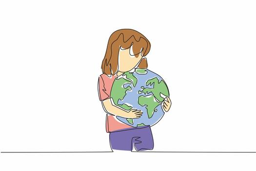 Continuous one line drawing girl hugging globe. A symbol of great affection. Take part in protecting the environment. Do not litter. Care. World Give Day. Single line draw design illustration vector