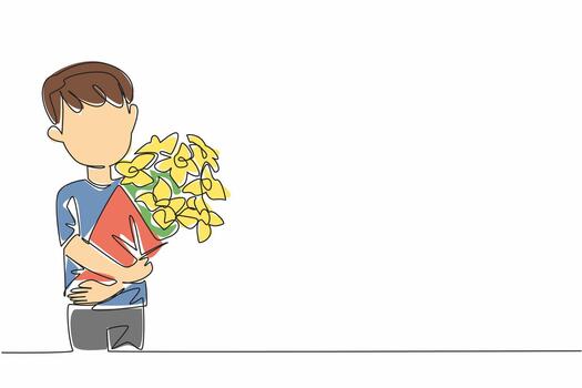 Single continuous line drawing the little boy hugging bouquet of flowers. Meaningful giving. Sign of affection. Memorable. Flora. Aromatic. Present. World Give Day. One line design illustration vector