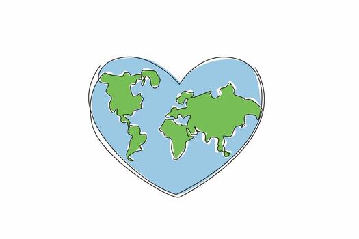 Single one line drawing heart in the middle there is a world map. Earth in the frame of love. Full of love and friendship. No conflict. World Give Day. Continuous line design graphic illustration vector