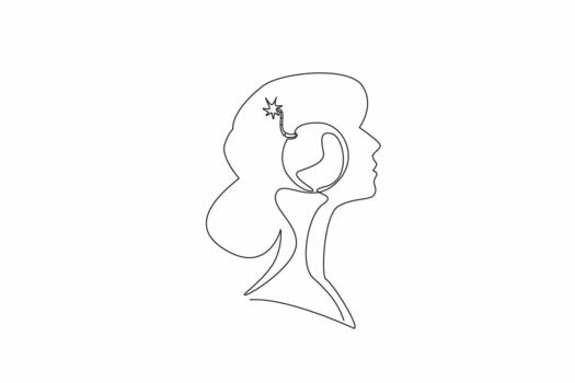 soltero continuo línea dibujo el cabeza de un mujer con grande bomba en el medio de cabeza con un ardiente fusible. ansioso acerca de disturbios. dentro el cabeza de mujer. uno línea diseño vector