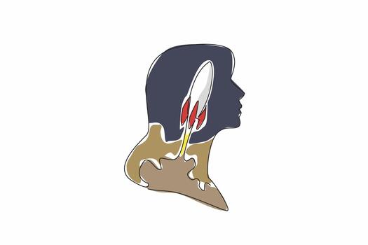 continuo uno línea dibujo cabeza de mujer con cohete en medio de cabeza con nube de fumar. preferencia para avanzado tecnología. dentro el cabeza de mujer. soltero línea dibujar diseño ilustración vector