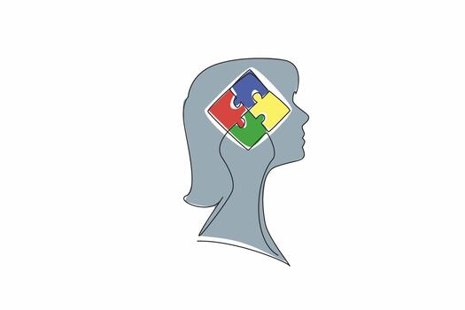 Continuous one line drawing the head of woman has a puzzle in the middle of her head. Solve problems one by one. Out of the box. Inside the Head of Woman. Single line draw illustration vector