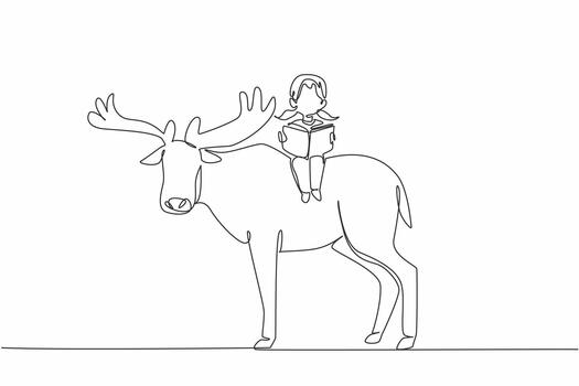 Continuous one line drawing young girl reading book on cute moose. Reading. Learning while playing. Effective. The nerd. Girl Reading Book at Animal Back. Single line draw design vector