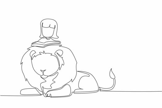 Single one line drawing girl reading book on cute lion. Girl Reading Book at Animal Back. Reading books can be anywhere. Good seeker of knowledge. The nerd. Continuous line design illustration vector