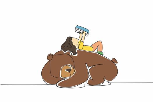 Continuous one line drawing the young girl reading book on cute bear. Opposite conditions. The diligent and the lazy. Girl Reading Book at Animal Back. Single line draw design illustration vector