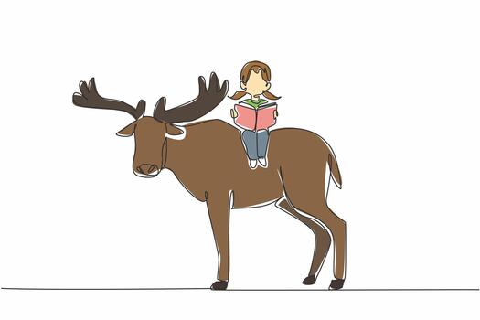 continuo uno línea dibujo joven niña leyendo libro en linda alce. lectura. aprendizaje mientras jugando. eficaz. el nerd. niña leyendo libro a animal atrás. soltero línea dibujar diseño ilustración vector