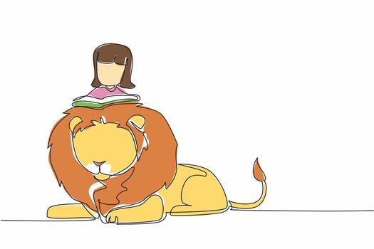 Single one line drawing girl reading book on cute lion. Girl Reading Book at Animal Back. Reading books can be anywhere. Good seeker of knowledge. The nerd. Continuous line design graphic illustration vector