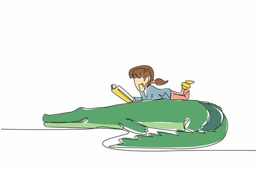 Continuous one line drawing girl reading book on cute crocodile. Lying on stomach reading book. Reading tips and tricks. Girl Reading Book at Animal Back. Single line draw design illustration vector