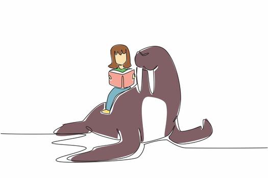 Single continuous line drawing girl reading book on cute walrus. Cultivate interest in reading. Achieve intelligence. The nerd. Girl Reading Book at Animal Back. One line design illustration vector