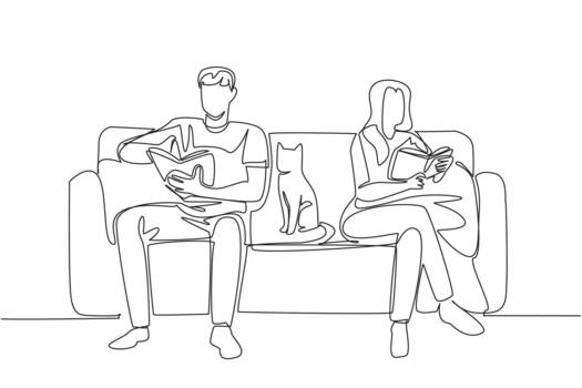 Single one line drawing a married couple sitting on sofa while both reading a book. Have the same hobbies and passions. Science. National Pet Parents Day. Continuous line design graphic illustration vector