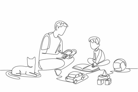 Single continuous line drawing father sits on the floor with son and reads a book to him. Channeling the hobby of reading while playing. National Pet Parents Day. One line design illustration vector