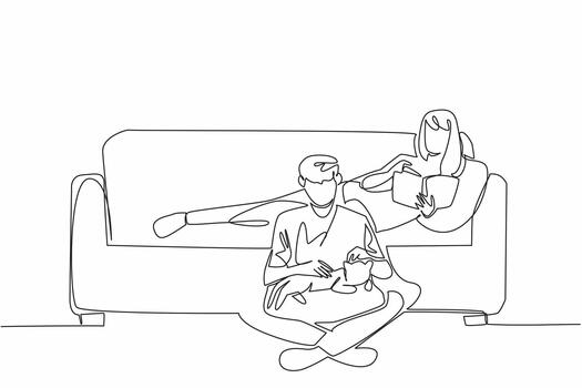 Continuous one line drawing wife lying on the sofa reading a book. Relax on the weekend by doing a fun hobby. Increase knowledge. National Pet Parents Day. Single line draw design illustration vector